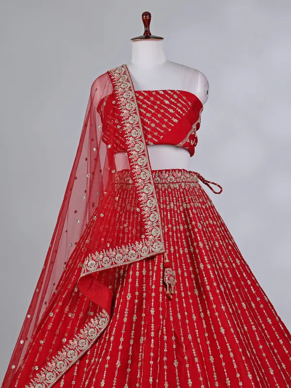 Red raw silk bridal lehenga choli with resham detailing