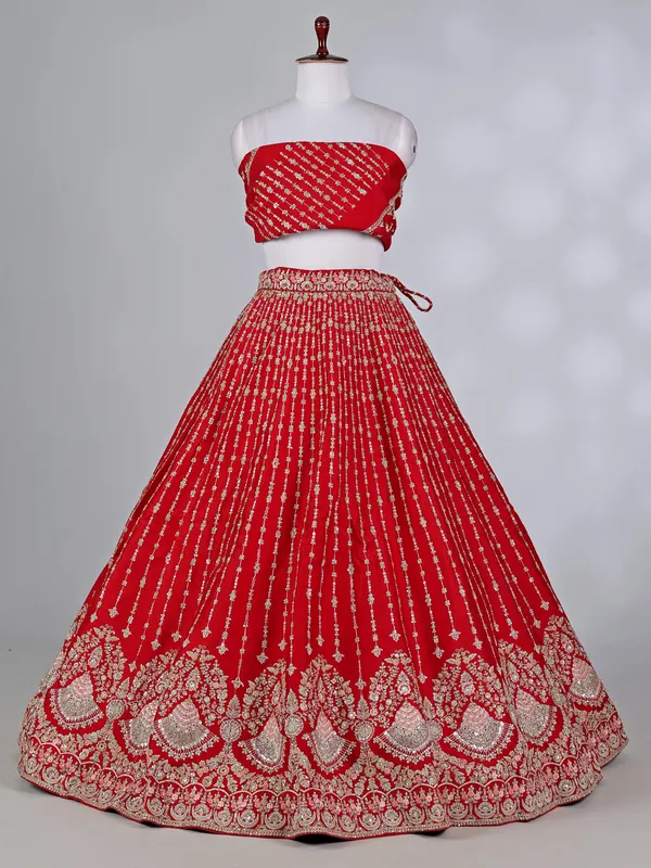 Red raw silk bridal lehenga choli with resham detailing
