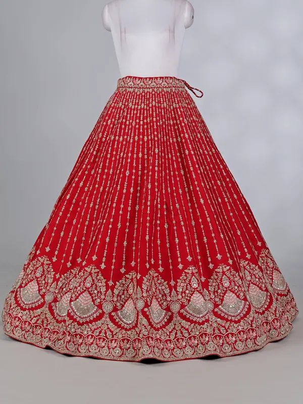 Red raw silk bridal lehenga choli with resham detailing