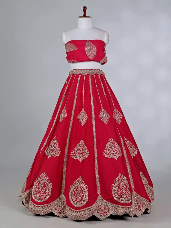 Red raw silk bridal lehenga choli with resham work