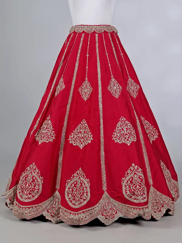 Red raw silk bridal lehenga choli with resham work