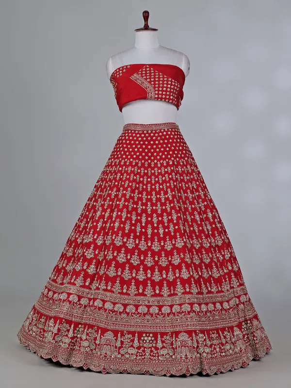 Red raw silk bridal lehenga choli with thread work