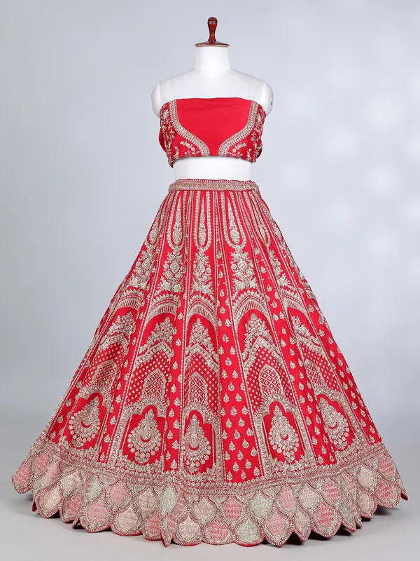 Red raw silk cutdana and resham bridal lehenga choli