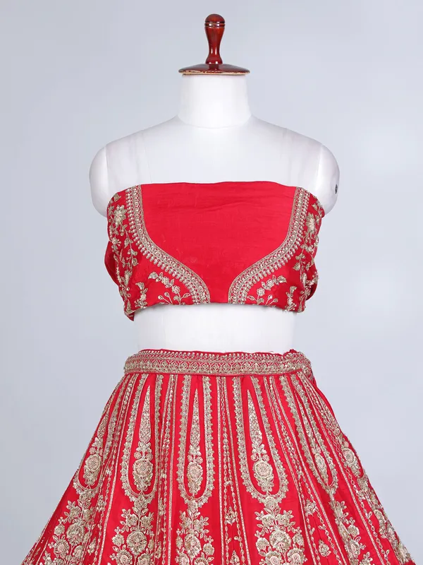 Red raw silk cutdana and resham bridal lehenga choli