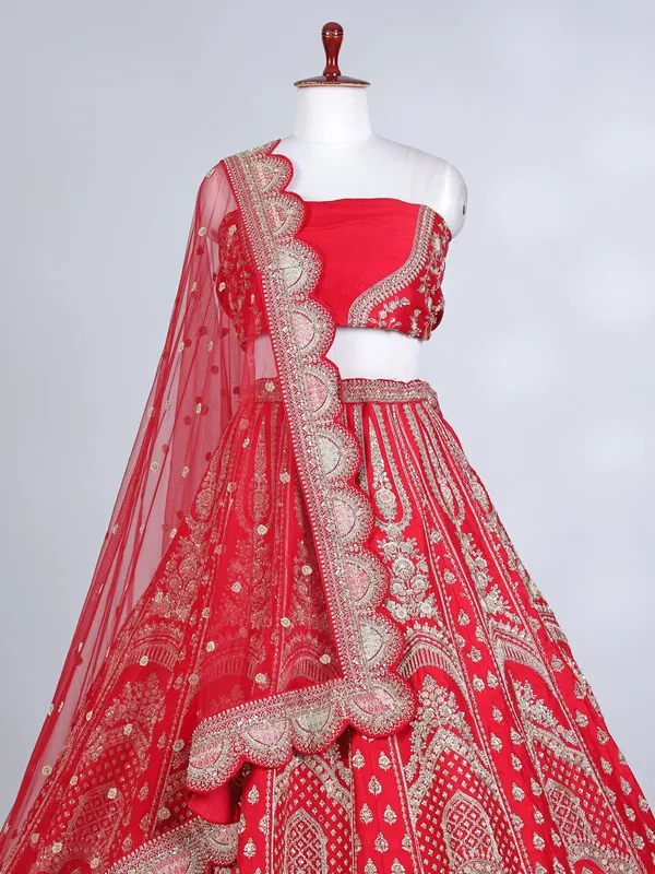 Red raw silk cutdana and resham bridal lehenga choli