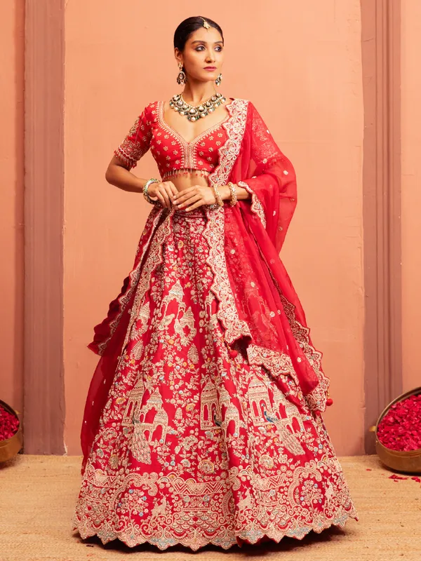 Red raw silk Lehenga Choli with Intricate Embellishments