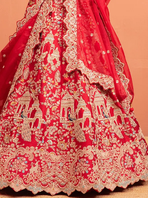 Red raw silk Lehenga Choli with Intricate Embellishments