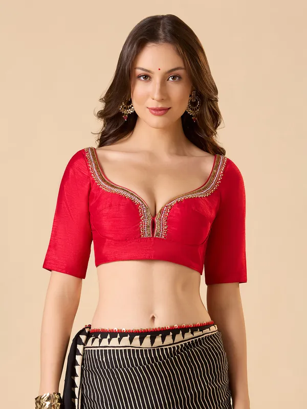 Red raw silk ready made blouse with sequins work
