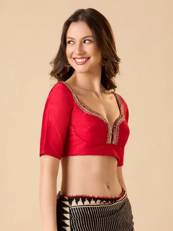 Red raw silk ready made blouse with sequins work