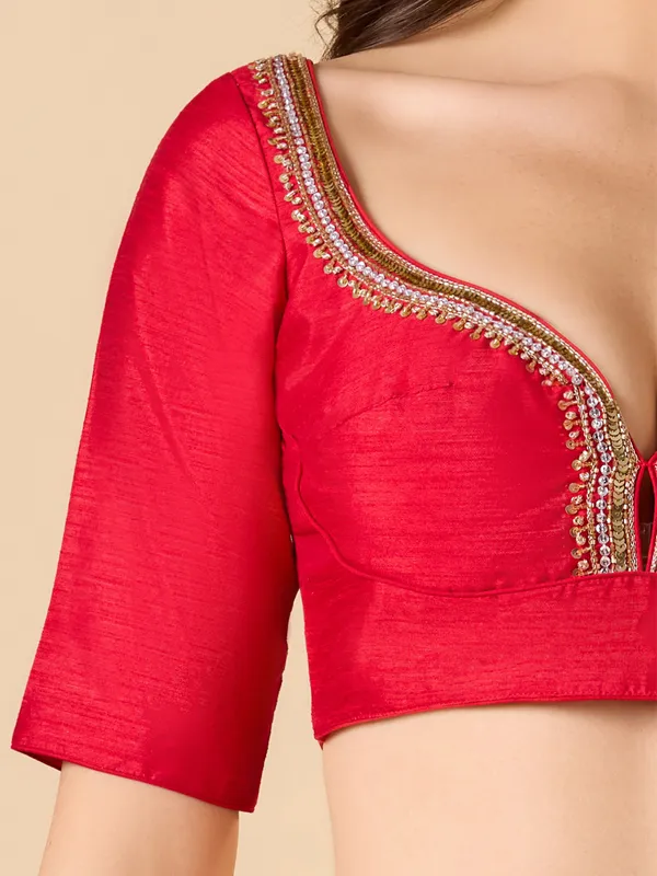 Red raw silk ready made blouse with sequins work