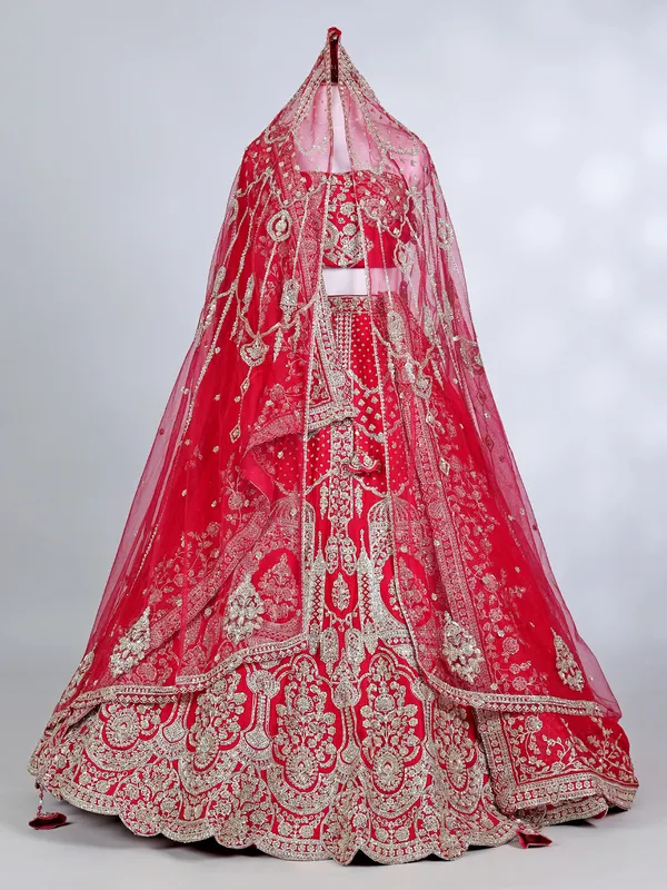 Red raw silk resham and cutdana bridal lehenga choli