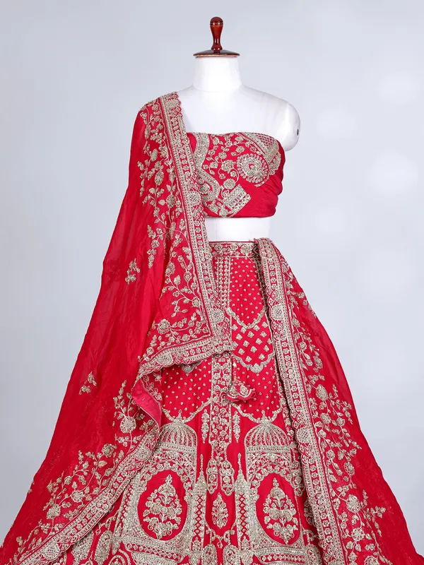 Red raw silk resham and cutdana bridal lehenga choli