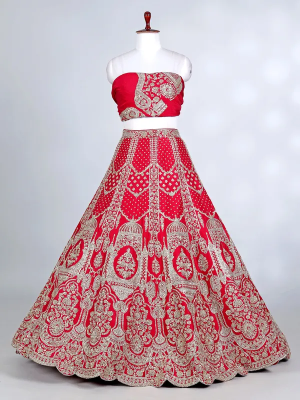 Red raw silk resham and cutdana bridal lehenga choli