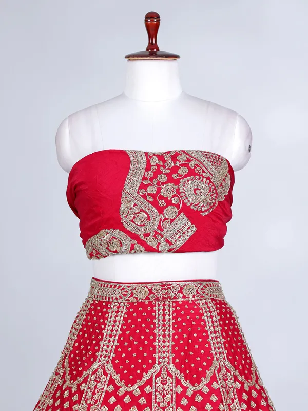 Red raw silk resham and cutdana bridal lehenga choli