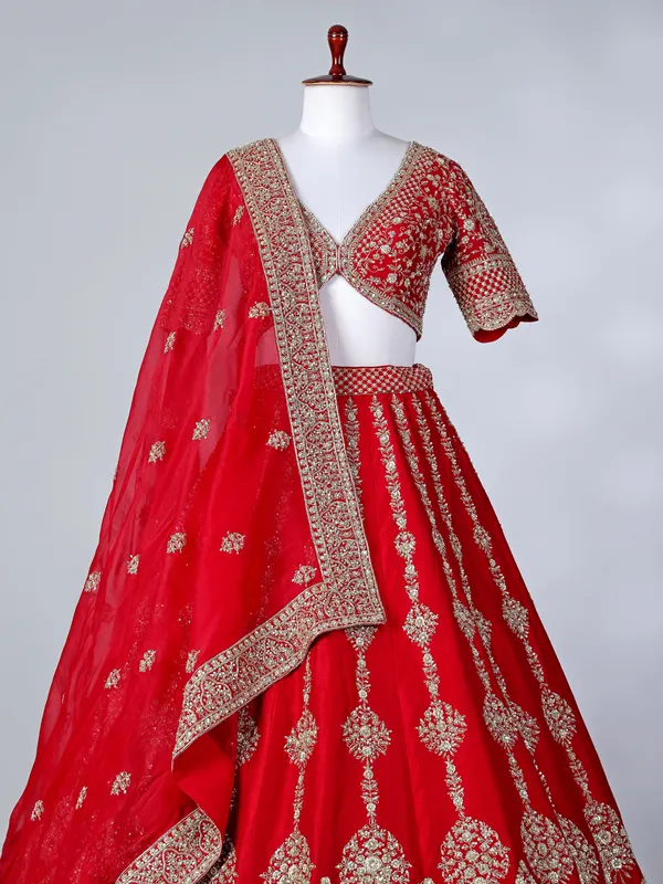 Red raw silk V neck bridal lehenga choli with dupatta
