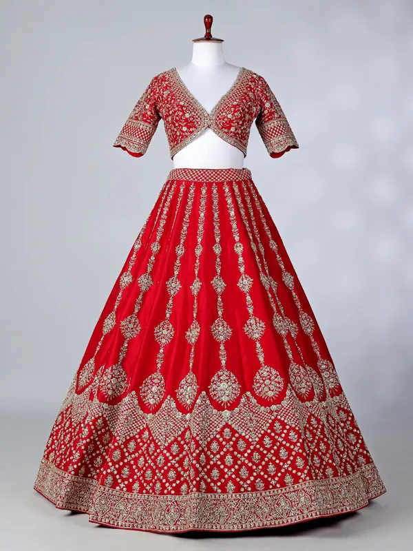 Red raw silk V neck bridal lehenga choli with dupatta