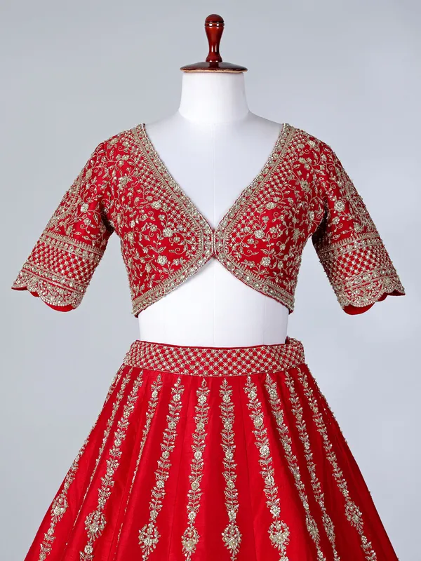 Red raw silk V neck bridal lehenga choli with dupatta