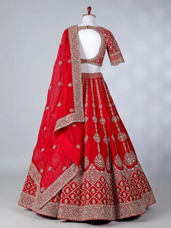 Red raw silk V neck bridal lehenga choli with dupatta