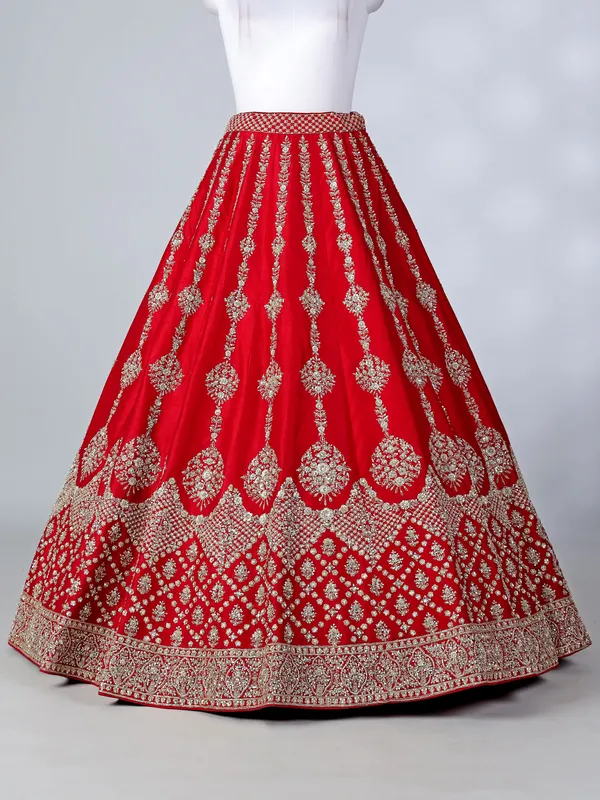 Red raw silk V neck bridal lehenga choli with dupatta