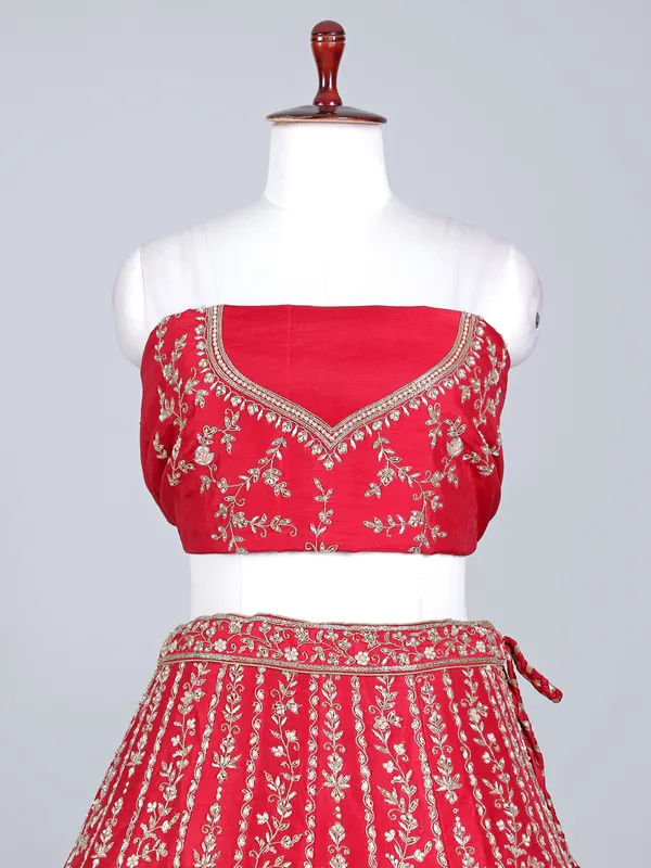 Red raw silk zardosi and beaded bridal lehenga choli