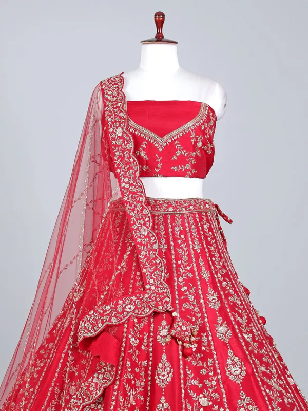 Red raw silk zardosi and beaded bridal lehenga choli