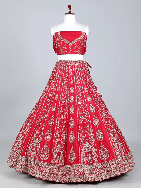 Red raw silk zardosi and beaded bridal lehenga choli