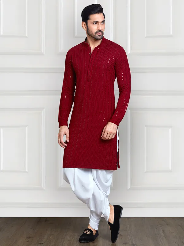 Red rayon cotton kurta with peshawari dhoti