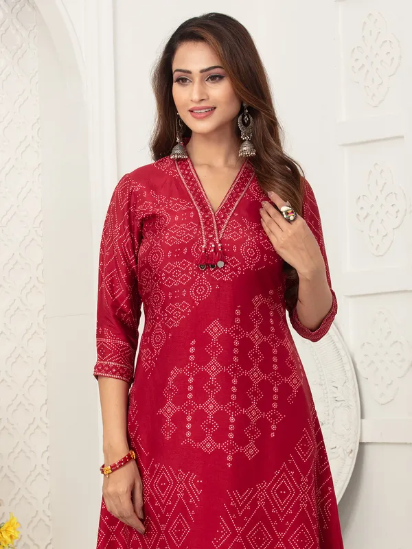 Red russian silk kurti set with print