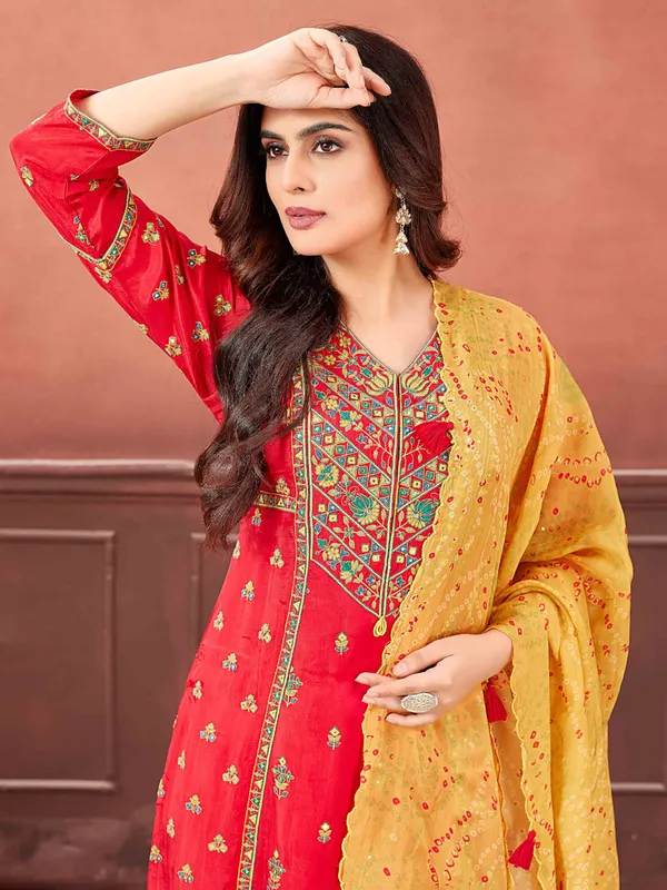Red salwar suit with contrast dupatta