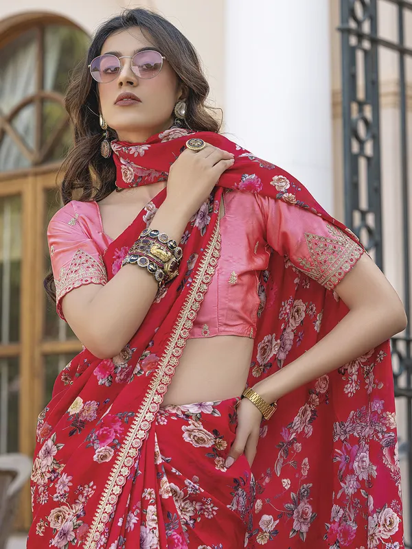 Red saree in elegant viscose dola silk