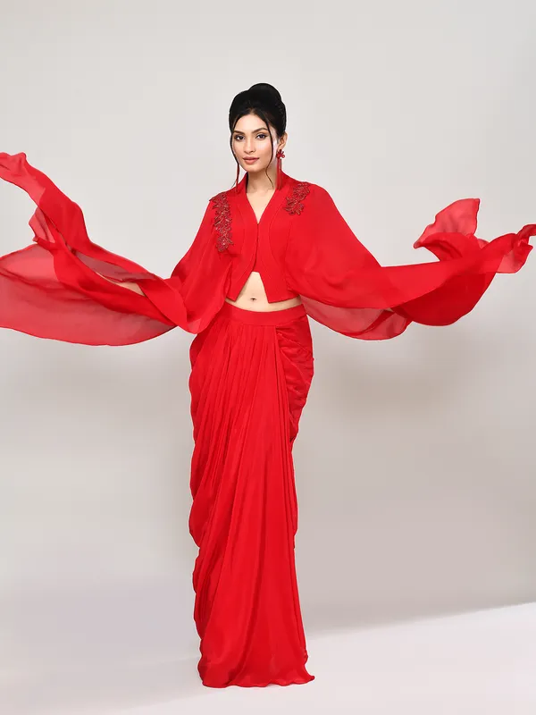 Red satin designer indo western suit