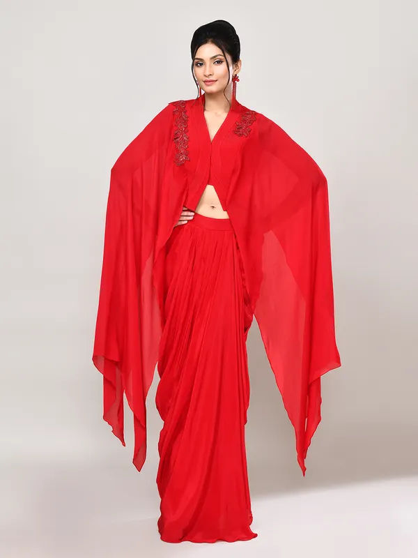 Red satin designer indo western suit