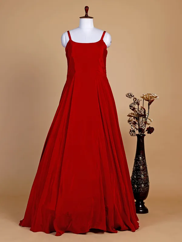 Red satin plain floor length suit with jacket