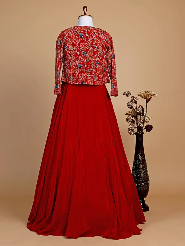 Red satin plain floor length suit with jacket