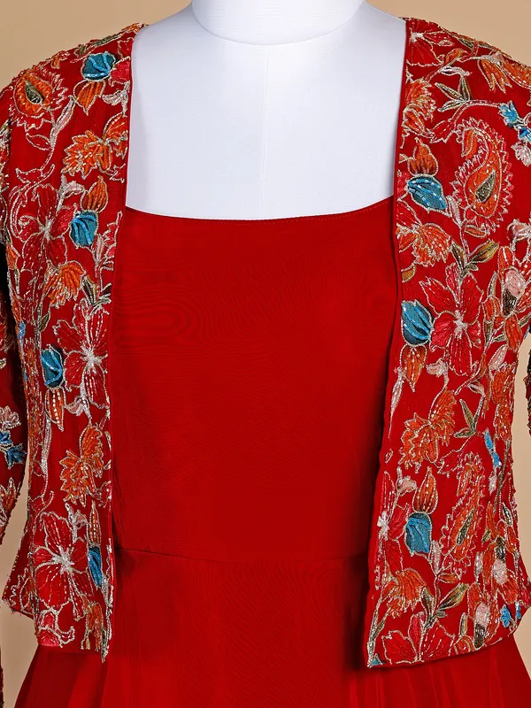 Red satin plain floor length suit with jacket
