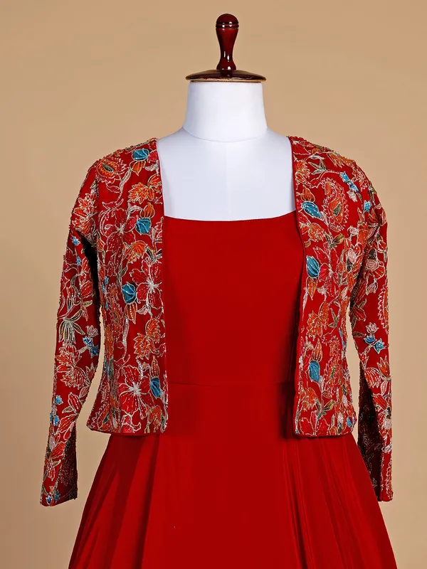Red satin plain floor length suit with jacket