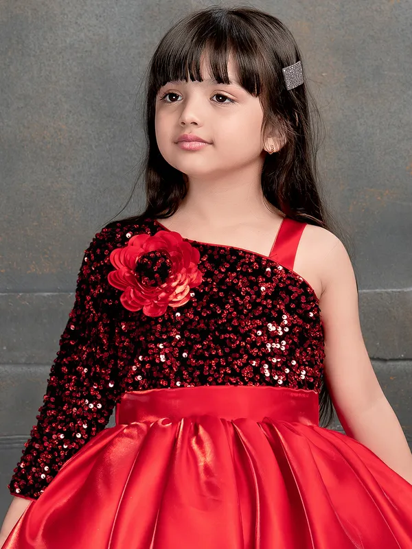 Red satin silk designer frock for party