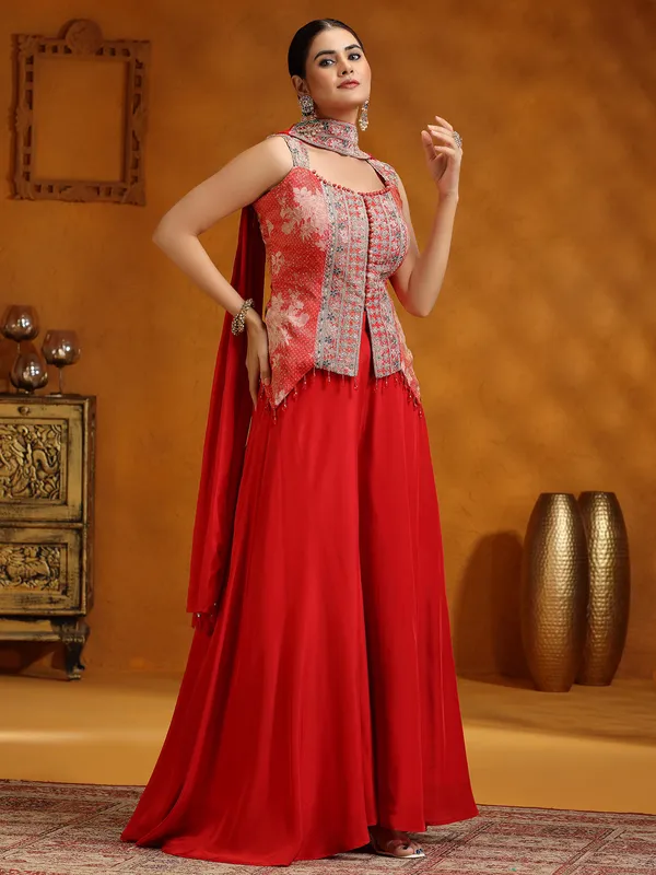 Red satin silk palazzo suit for wedding