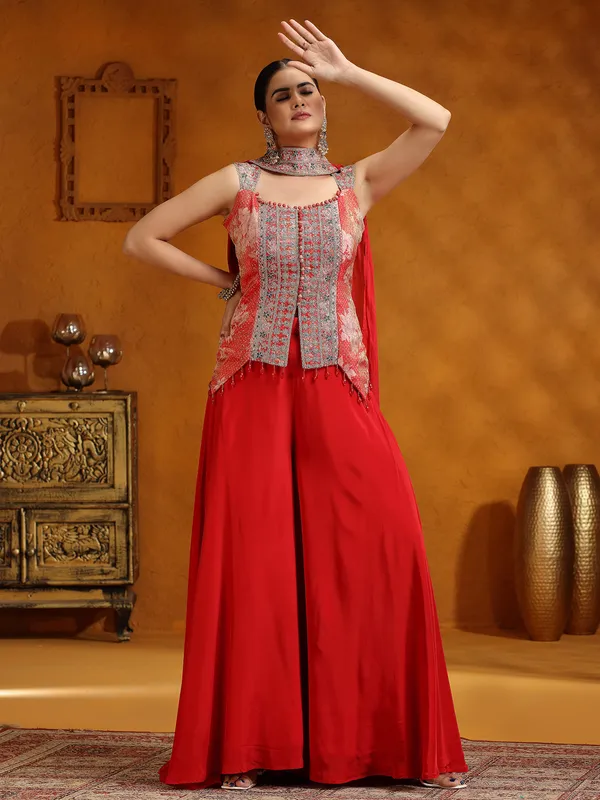 Red satin silk palazzo suit for wedding