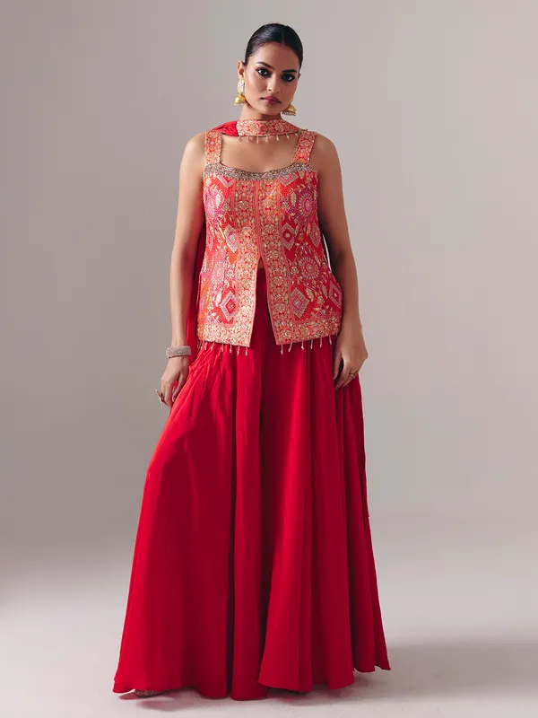 Red satin silk palazzo suit for wedding wear