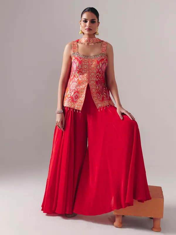 Red satin silk palazzo suit for wedding wear