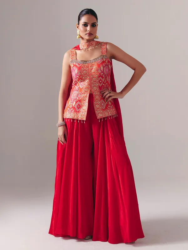 Red satin silk palazzo suit for wedding wear
