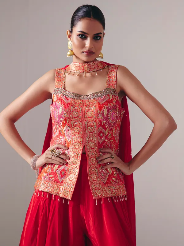 Red satin silk palazzo suit for wedding wear