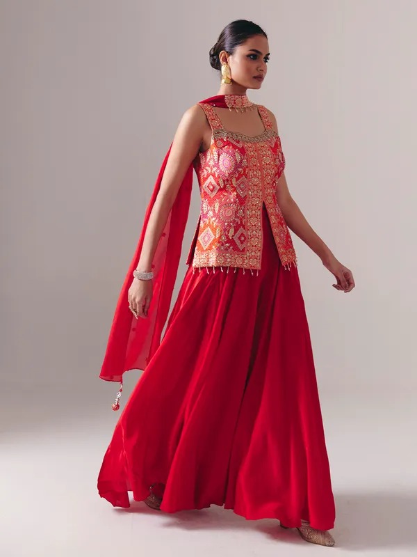 Red satin silk palazzo suit for wedding wear