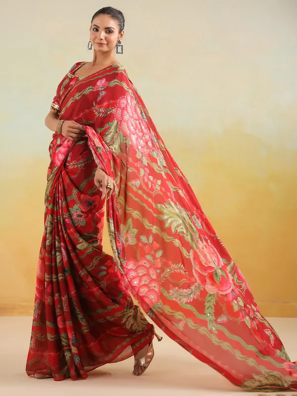 Red satin silk printed saree for party wear