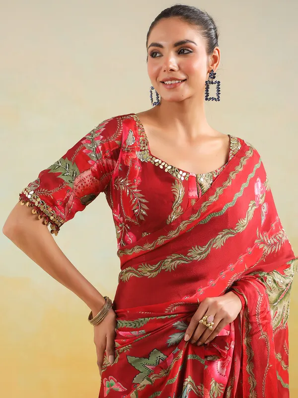 Red satin silk printed saree for party wear