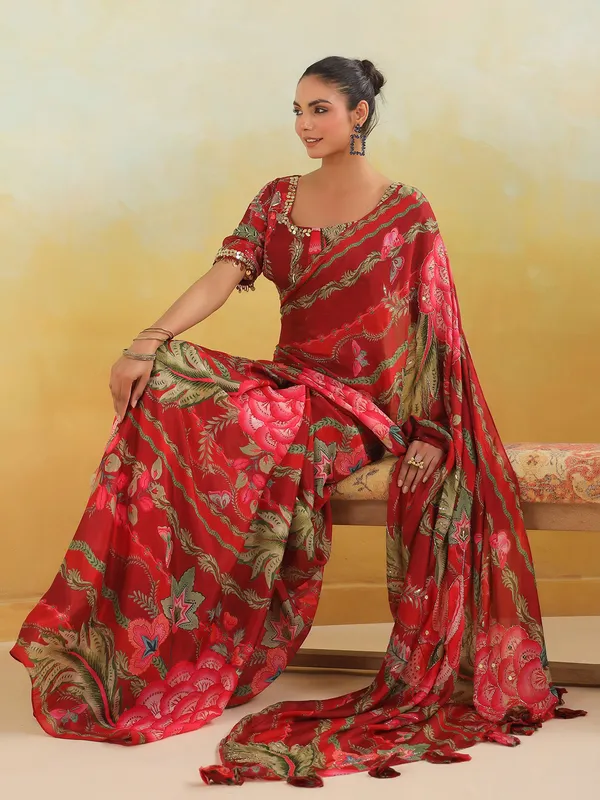 Red satin silk printed saree for party wear