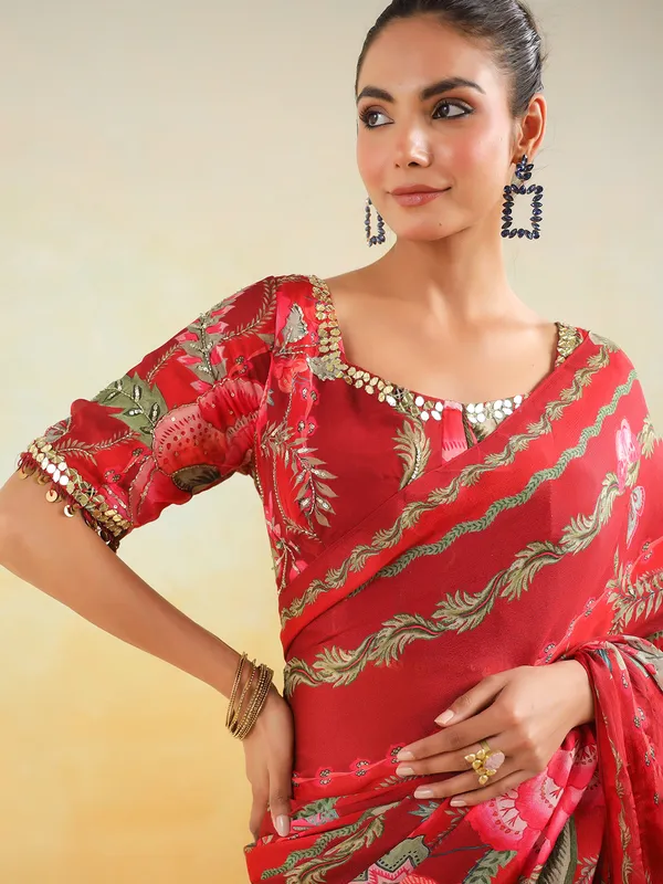 Red satin silk printed saree for party wear