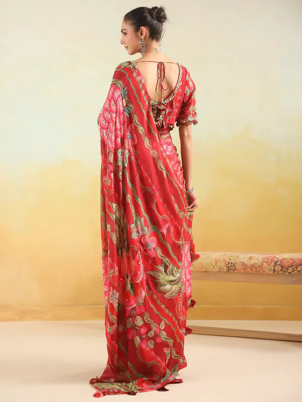 Red satin silk printed saree for party wear