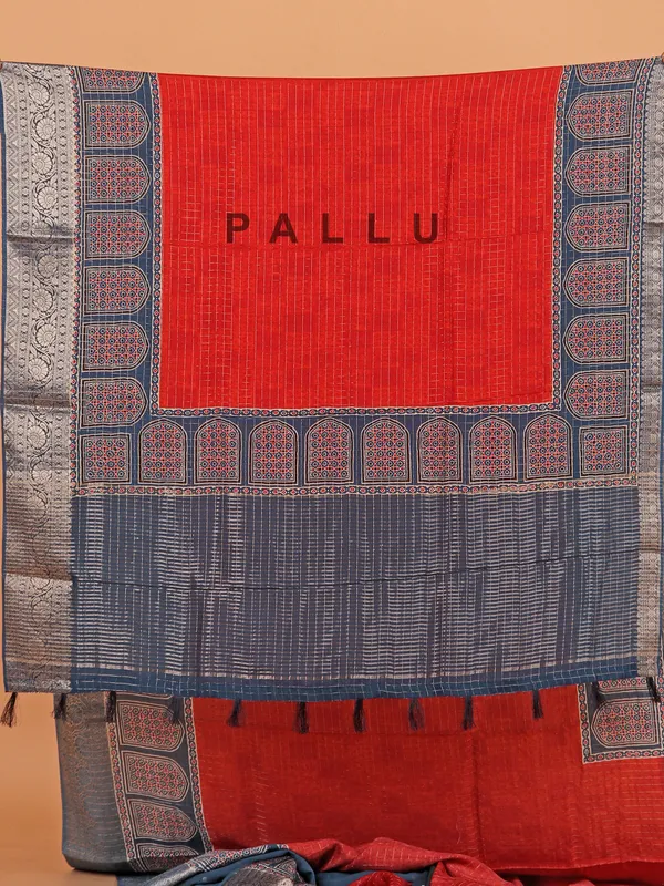 Red semi dola silk printed saree for festive